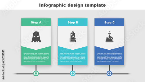 Set Executioner mask, Medieval throne and Sword in the stone. Business infographic template. Vector