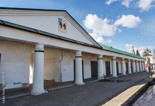 Ancient Trading Rows (torgovye ryady), provincial market place  in the center of Nerekhta,  Kostroma region, Russia  