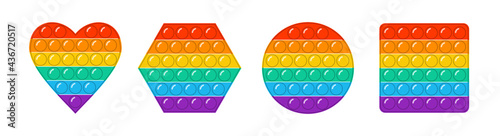 Set of trendy pop it fidgets. Heart shaped colorful antistress toys, square shape, circle figure. Hand toy with push bubbles for kids. Sensory fidget in rainbow colors. Relax popit vector illustration