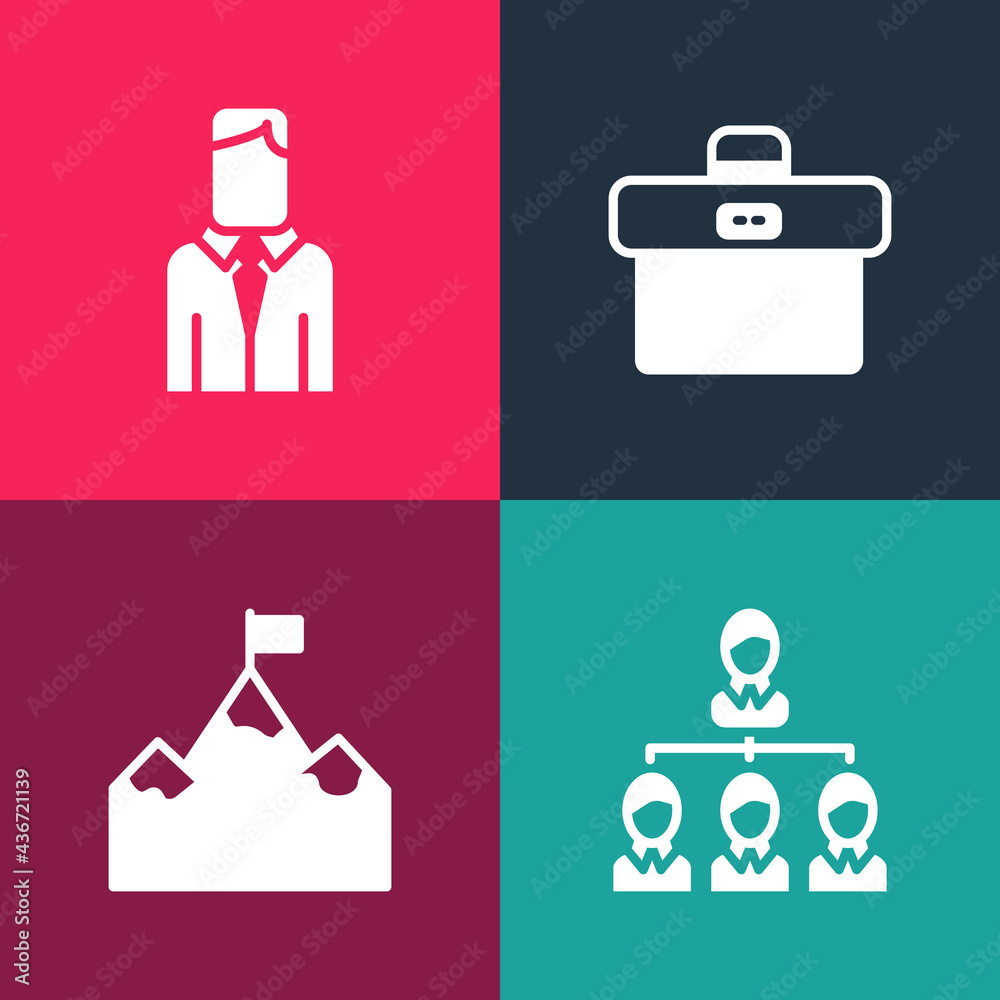 Set pop art Hierarchy organogram chart, Mountains with flag, Briefcase and Worker icon. Vector Set pop art Hierarchy organogram chart, Mountains with flag, Briefcase and Worker icon. Vector