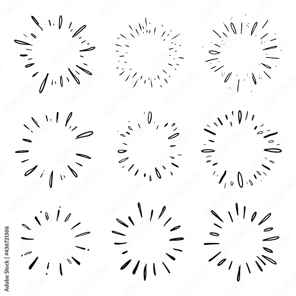 Star burst hand drawn doodles. Sunburst graphic design set. Handmade radial starburst illustrations. Star burst hand drawn doodles. Sunburst graphic design set. Handmade radial starburst illustrations.