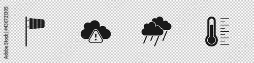 Set Cone windsock wind vane, Storm warning, Cloud with rain and Meteorology thermometer icon. Vector