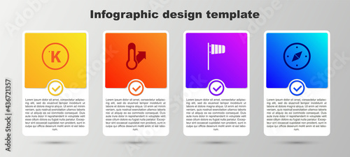 Set Kelvin, Meteorology thermometer, Cone windsock wind vane and Compass. Business infographic template. Vector