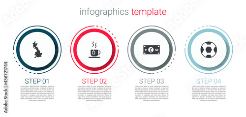 Set England map, Cup of tea with tea bag, Pound sterling money and Football ball. Business infographic template. Vector