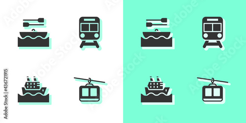Set Cable car, Boat with oars, Cruise ship and Train and railway icon. Vector
