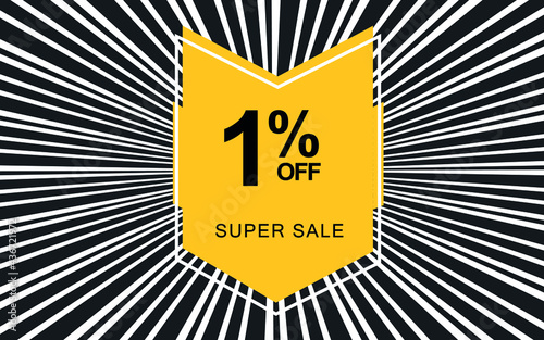 1% off. Black banner with one percent discount on a yellow balloon for mega offers.