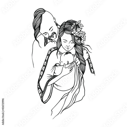 Vector illustration of Ukrainian couple in love wearing traditional costumes. Ukrainian cossack family photo