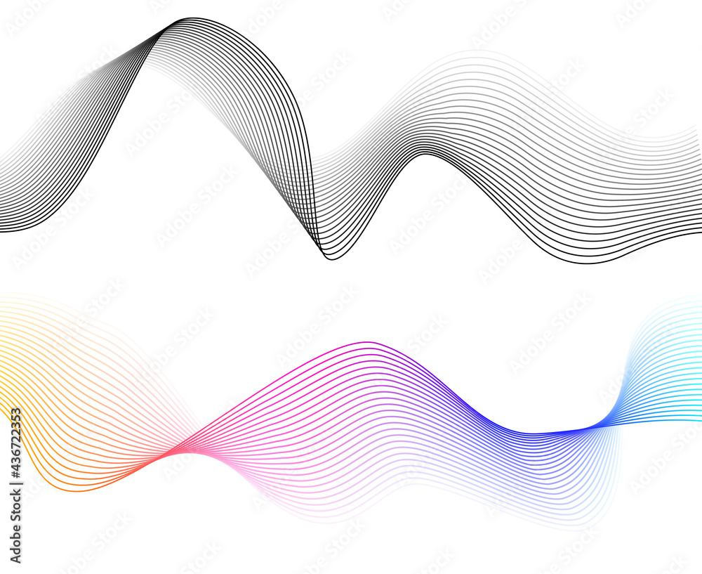 Design elements. Wave of many glittering lines. Abstract glow wavy stripes on white background isolated. Creative line art. Vector illustration EPS 10. Colourful waves with lines created using Blend