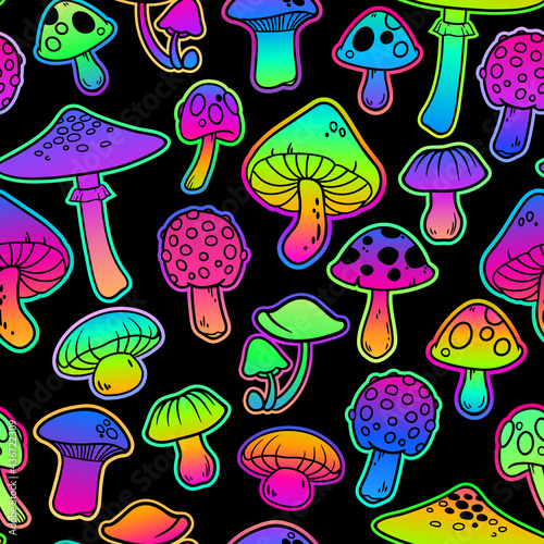 Seamless illustration with mushrooms, bright psychedelic colors