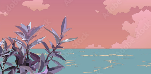 Purple secretia plant and beach landscape, tropical vibe cartoon, anime style illustration, light tint pastel color, aesthetic island summer backgound