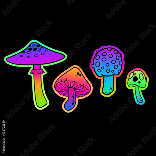 set of four bright colored mushrooms