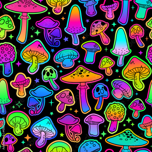 Seamless illustration with mushrooms, bright psychedelic colors