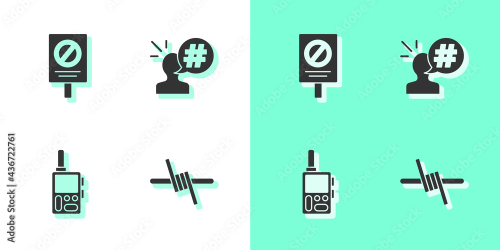 Fototapeta premium Set Barbed wire, Protest, Walkie talkie and icon. Vector