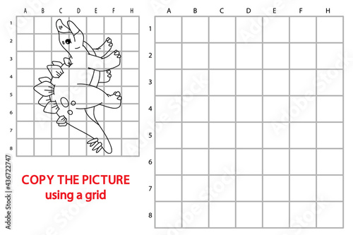 Vector illustration of grid copy educational puzzle game with happy cartoon dinosaur character for children