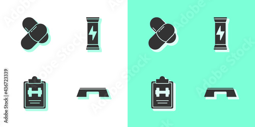Set Step platform, Sports nutrition, training program and icon. Vector