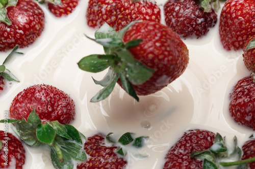 Ripe strawberries fall into the cream. Splashes of milk.