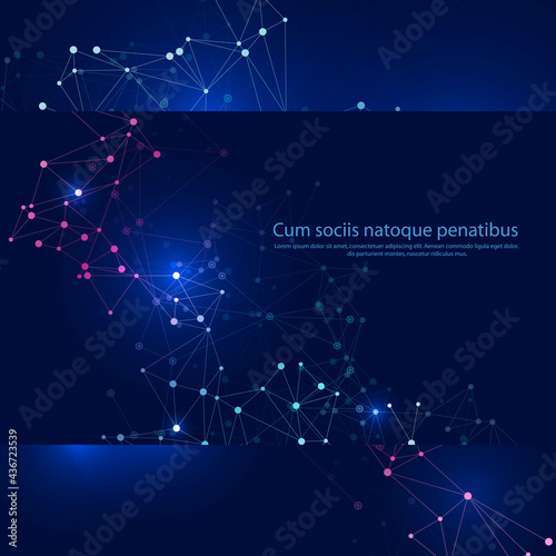 Global communication connect design. Dotted glowing communication lines and dots on blue background