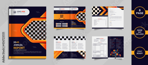 Modern 8 page Annual report brochure design with deep blue, yellow and orange gradient color shapes.