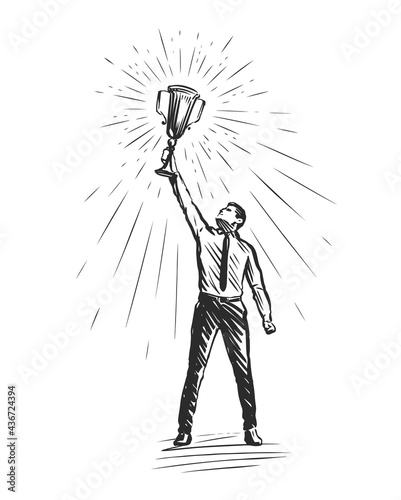 Businessman holding winning trophy. Business success concept vector illustration