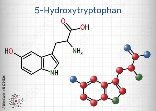 5-Hydroxytryptophan, 5-HTP, hydroxytryptophan, oxitriptan molecule. It is naturally occurring amino acid, tryptophan derivative. Sheet of paper in a cage