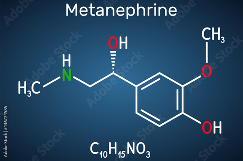 Metanephrine molecule. It is metabolite of epinephrine, adrenaline, biomarker for pheochromocytoma. Structural chemical formula on the dark blue background