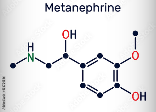 Metanephrine molecule. It is metabolite of epinephrine, adrenaline, biomarker for pheochromocytoma. Skeletal chemical formula