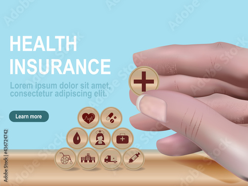 Healthcare concept about of health and medical insurance, realistic style hand arranging block sphere stacking with icon health care medical on table wooden background. Vector design