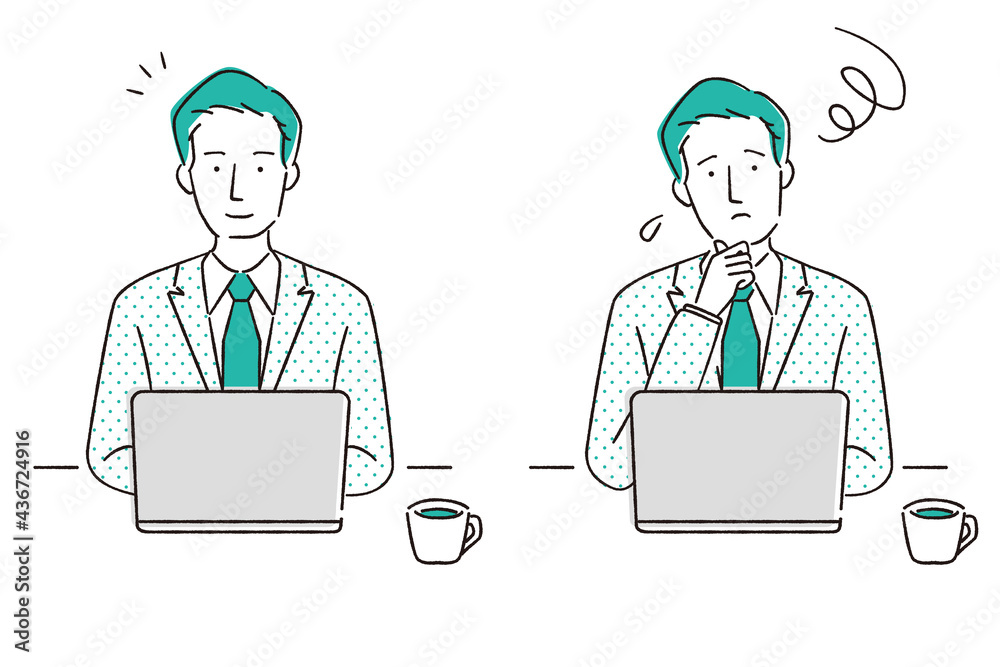 手描き1color 30代40代 スーツの男性 Pc作業2ポーズ Stock Vector Adobe Stock