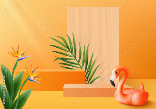 3d orange flamingo render for summer tropical. background product display podium scene with holiday tropical platform. summer background vector 3d with podium. stand for cosmetic product display