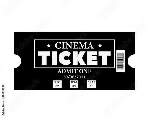 Black ticket to the cinema. Minimalistic style. Passing ticket. Vector. For one person. Illustration. Cinema hall. Film