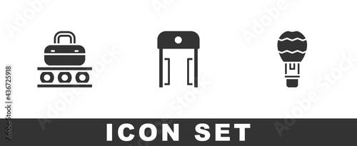 Set Conveyor belt with suitcase, Metal detector in airport and Hot balloon icon. Vector