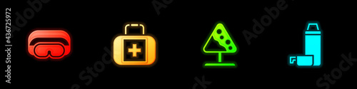 Set Ski goggles, First aid kit, Road sign avalanches and Thermos container icon. Vector