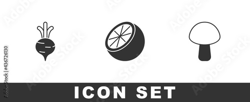 Set Beet, Orange fruit and Mushroom icon. Vector
