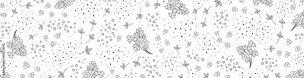 Floral vector banner with leaves, plants. Abstract natural elements in doodle style. Silhouette of plant print for holiday background. Textured backdrop. Minimalistic, trendy design.