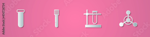 Set paper cut Test tube and flask, , on stand and Molecule icon. Paper art style. Vector