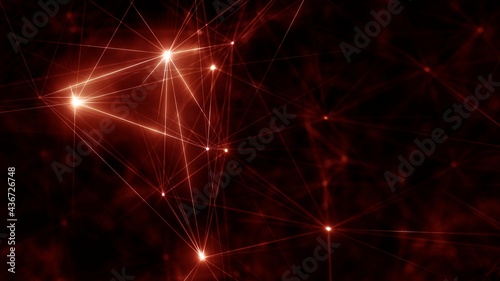 Fototapeta Naklejka Na Ścianę i Meble -  Red glowing grid of artificial network in three-dimensional logic space on microscopic level of abstract Plexus elements web. 3D illustration concept background for love emotion and technology banner.