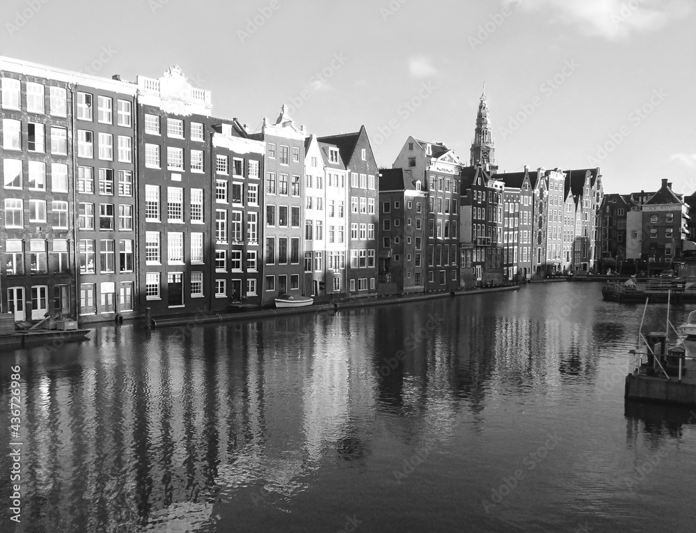 Monochrome Image of Impressive Dutch Buildings Along the Canal in Amsterdam, The Netherlands