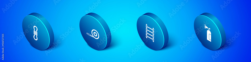 Set Isometric Climber rope, Fire escape, extinguisher and hose reel icon. Vector