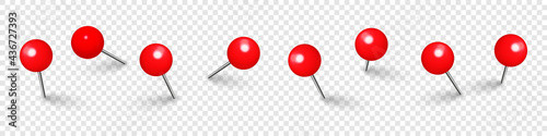 Realistic red push pins. Board tacks isolated on transparent background. Plastic pushpin with needle. Vector illustration.