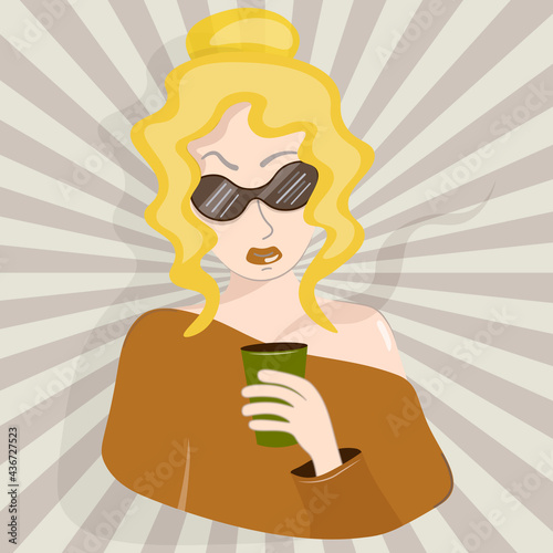An ambitious girl with glasses drinks coffee. Pop art portrait of a stylish woman with a paper cup. A lady in an brown blouse with her favorite drink reflects. Vector. Flat. Retro style. Pop Art.