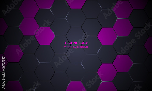 Dark gray hexagonal technology abstract vector background. White bright energy flashes under hexagon in tech futuristic background vector illustration. Dark gray and purple honeycomb texture grid.