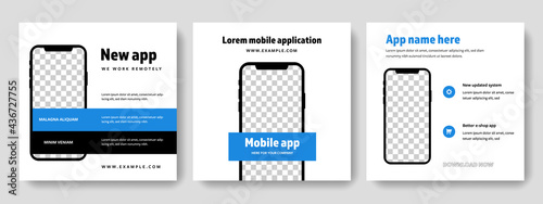 Editable smartphone mockup with blue colour, mobile device frame for placing photos, business graphic for promoting app, application form for phone adverts