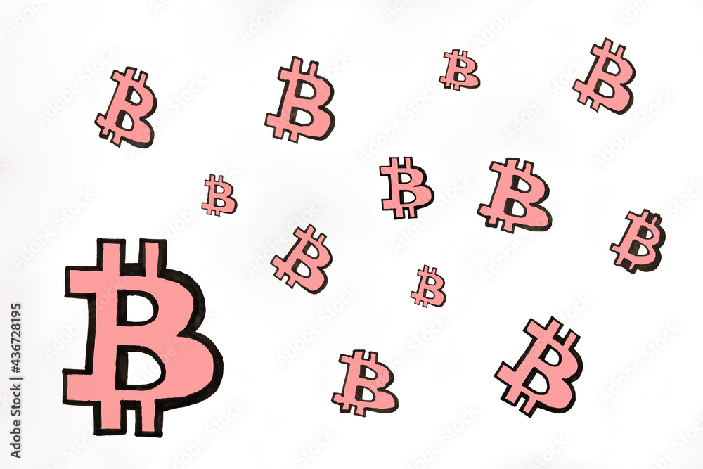 Photo of the Pink hand drawn Bitcoin icons of different sizes on white paper. bitcoin cryptocurrency market. Investments in e-currency concept. Photo of the Pink hand drawn Bitcoin icons of different sizes on white paper. bitcoin cryptocurrency market. Investments in e-currency concept.