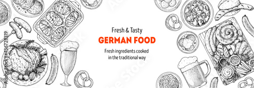 German food menu sketches. Design template. Hand drawn vector illustration. German cuisine. Black and white. Engraved style. Hand drawn food sketch illustration.