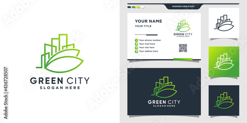 Green city logo design template and business card design. Premium Vector