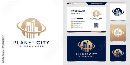 Planet city logo with creative concept and business card design.Premium Vector