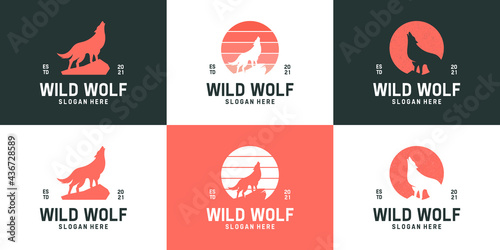 Set of simple howling wolf logo collection. Creative silhouette wild animals logo template.