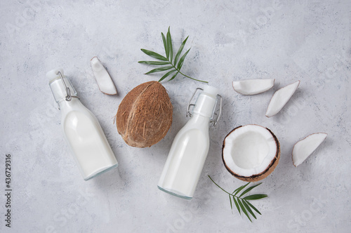 Healthy flat lay concept. Vegan milk bottles, coconut slices and palm branch on gray background. Top view