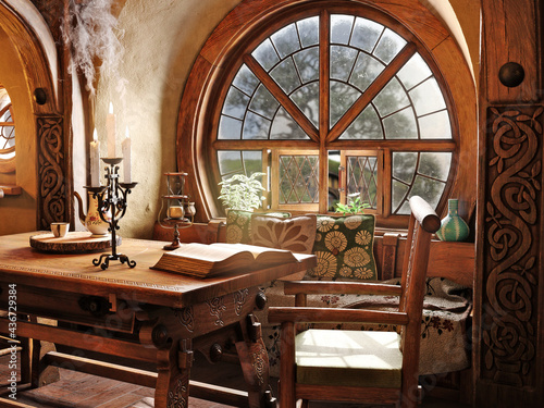 Foto Fantasy tiny storybook style home interior cottage with rustic accents and a large round cozy window