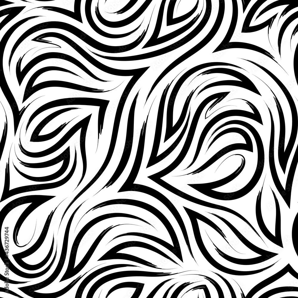 Fototapeta premium black flowing lines and corners vector geometric seamless pattern isolated on white background.Elegant flowing pattern and stripes of brush strokes